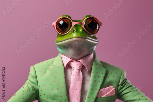 Frog in a green jacket and pink tie