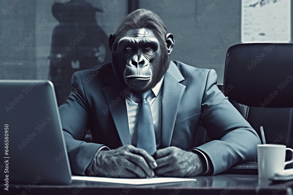A monkey dressed like a businessman and sitting at the table A monkey dressed like a businessman and sitting at the table