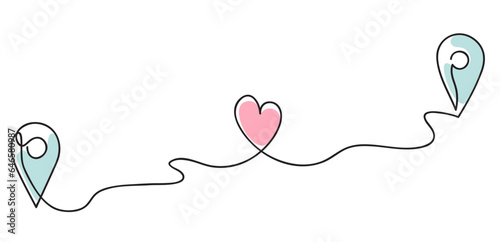 Heart. Traffic route between two loving people. Geolocation signs and trip plan trace with heart symbol. Continuous line art drawing vector illustration