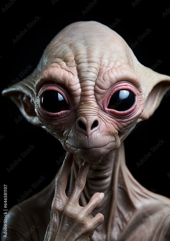 Funny Looking White Alien Extra Terrestrial (ET) with Dark Eyes Stares into the Camera - Human Like Gray Alien from an Alien World. Generative AI. Funny Looking White Alien Extra Terrestrial (ET) with Dark Eyes Stares into the Camera - Human Like Gray Alien from an Alien World. Generative AI.