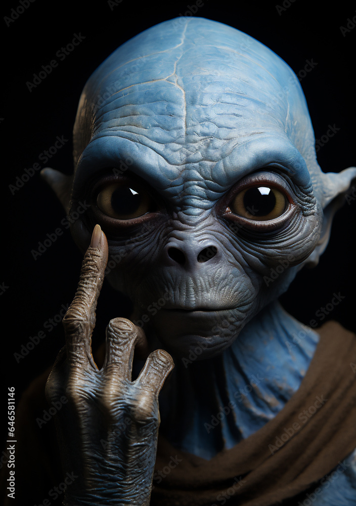 Serious Blue Alien Extra Terrestrial (ET) with Brown Eyes Gives the Middle Finger & Stares into the Camera - Human Like Gray Alien from an Alien World. Generative AI. 