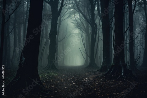 Misty spooky forest background, gloomy trees in scary horror foggy woods Happy Halloween dark night creepy nature mist fantasy atmosphere mystery dramatic landscape fall nightmare scenery. Copy space