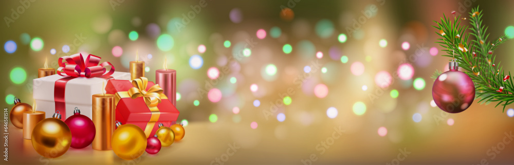 Holiday illustration with gift boxes with ribbons and bow, several burning candles, Christmas tree branch and balls on a blurred background with bokeh effect in beige colors