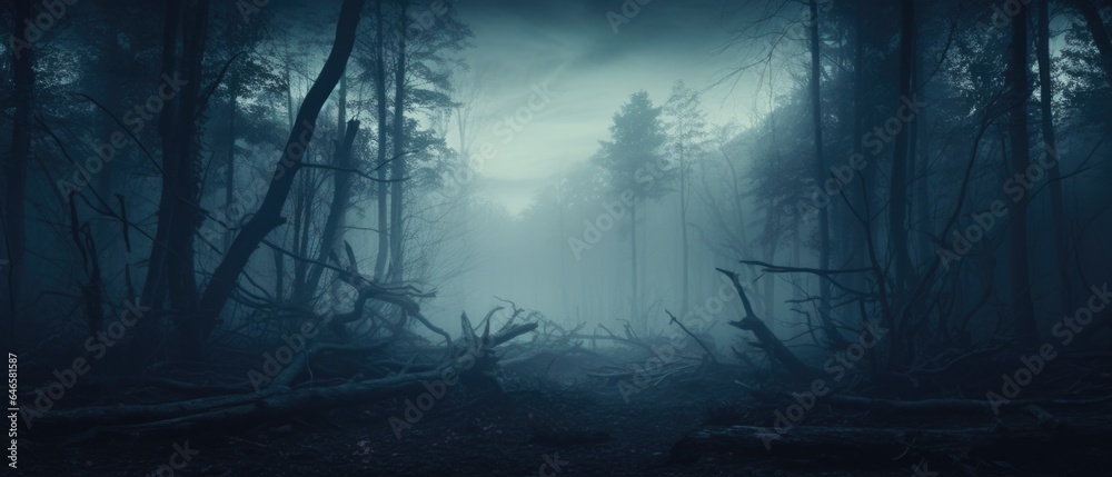Misty spooky forest background, gloomy trees in scary horror foggy woods Happy Halloween dark night creepy nature mist fantasy atmosphere mystery dramatic landscape fall nightmare scenery. Copy space Misty spooky forest background, gloomy trees in scary horror foggy woods Happy Halloween dark night creepy nature mist fantasy atmosphere mystery dramatic landscape fall nightmare scenery. Copy space