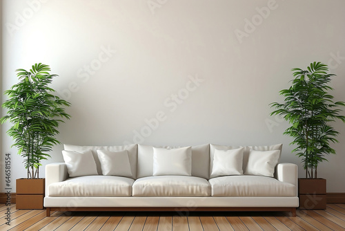 White sofa and plants in flower pot in living room.