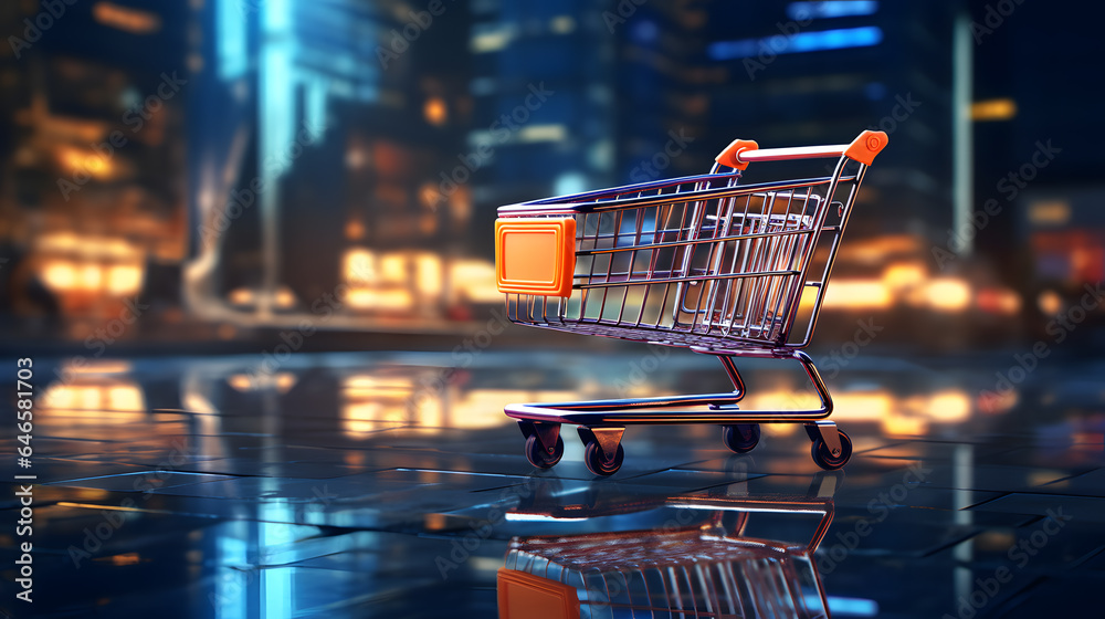 Shopping cart in blurry night city background