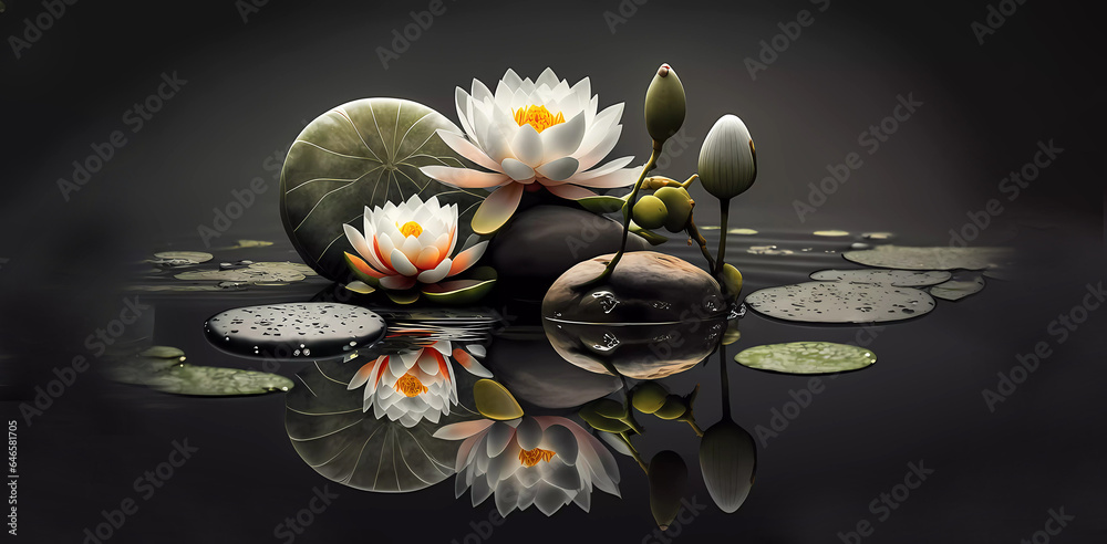 Zen stone. White lotus flowers on a dark background. Reflection in ...