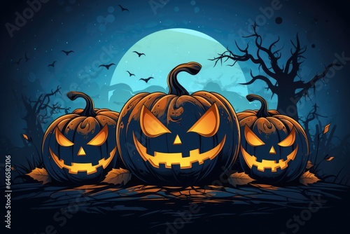 Halloween concept picture with pumpkins, illustration in blue and orange colours © Maria Tatic