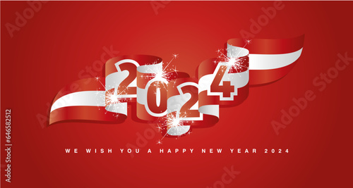 New Year 2024 concept design template with sparkle firework 2024 front on Austria wavy flag ribbon. Premium red white Austria wavy flag ribbon vector design for poster, banner, greeting card