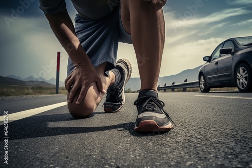 young man with knee pain on the road