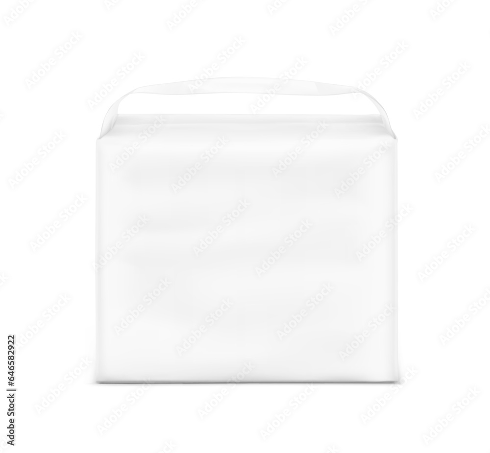 Realistic stand bag with handle mockup. Front view. Vector illustration isolated on white background. Perfect for presentation diapers, pants, nappies, tissue, wipes, food etc. EPS10. Realistic stand bag with handle mockup. Front view. Vector illustration isolated on white background. Perfect for presentation diapers, pants, nappies, tissue, wipes, food etc. EPS10.