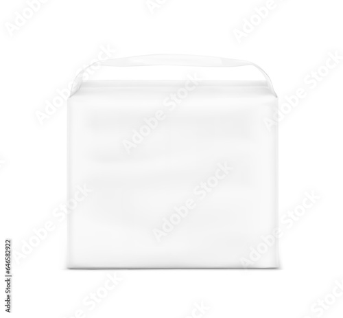 Realistic stand bag with handle mockup. Front view. Vector illustration isolated on white background. Perfect for presentation diapers, pants, nappies, tissue, wipes, food etc. EPS10.	
