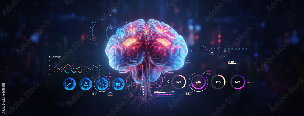 futuristic medical research of brain neural nerve system health care with diagnosis vitals infographic biometrics for clinical hospital x-ray and alzheimer treatment, wide banner with copyspace area - obrazy, fototapety, plakaty 