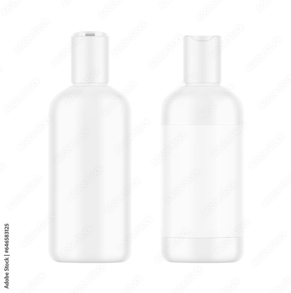 Realistic bottle with disc top cap mockup. Front and rear view. Vector illustration isolated on white background. Perfect for promote your product. EPS10.	