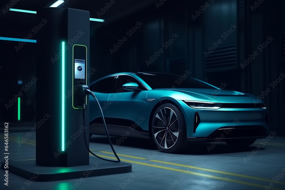 An electric vehicle or EV car at a charging station with the power cable supply plugged. Eco-friendly sustainable energy concept