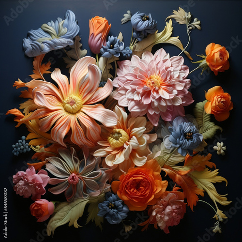 Composition of 3d flowers pattern design and volumetric painting. Generative AI.