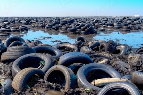 Car tires in the sea. Garbage in the ocean sea