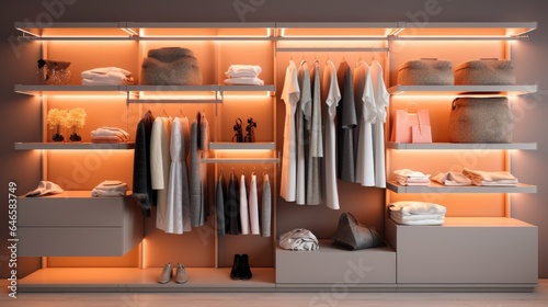 Modern style wardrobe, Illuminated and organized. Generative AI © piai