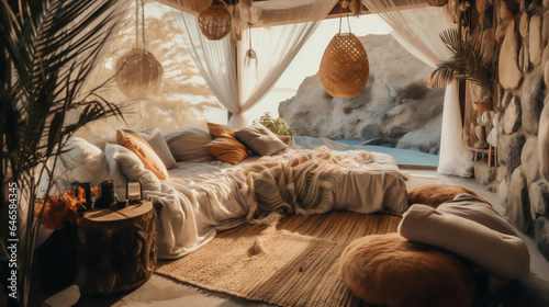 Beachside Glamping Tent with Cozy Bohemian-Inspired Lounge Area - The Ultimate in Luxurious Relaxation and Vacation Comfort. Generative AI.