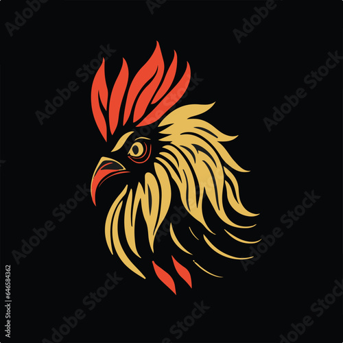 Vector illustration of a rooster for logo, symbol, sticker, tattoo t-shirt design, simple flat design on a black background