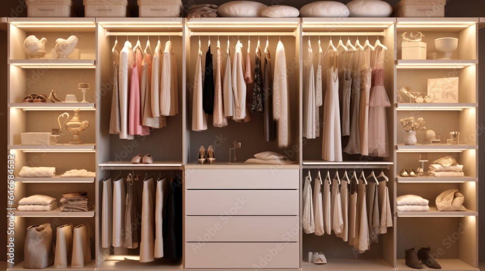 Modern style wardrobe, Illuminated and organized. Generative AI Modern style wardrobe, Illuminated and organized. Generative AI