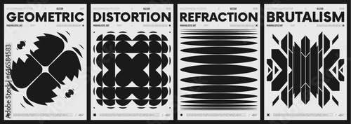 Modern abstract poster collection, vector minimalist posters with geometric shapes in black and white, brutalist style inspired graphics, bold aesthetic, shape distortion effect photo