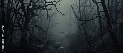 Misty spooky forest background, gloomy trees in scary horror foggy woods Happy Halloween dark night creepy nature mist fantasy atmosphere mystery dramatic landscape fall nightmare scenery. Copy space