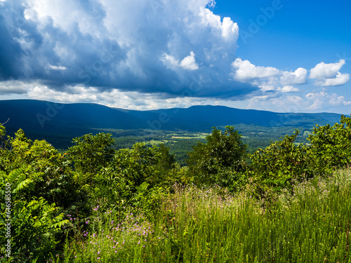 View of the Shenandoah Valley seen from Shenandoah National Park, Virginia, USA, with dramatic clouds approaching.