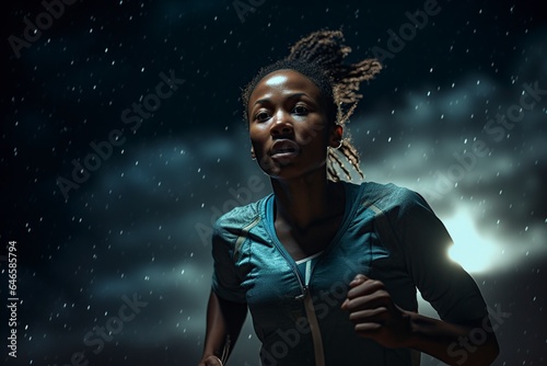 African American woman running at night under the stars