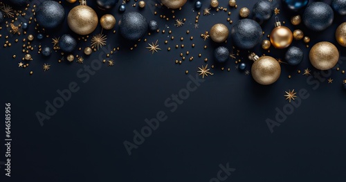 dark blue christmas background with golden christmas balls on the top
