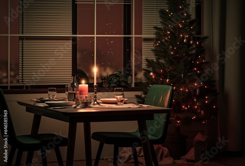 table prepared for christmas dinner along with the decorated tree
