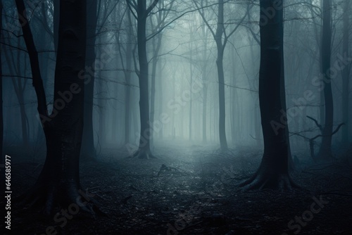 Misty spooky forest background  gloomy trees in scary horror foggy woods Happy Halloween dark night creepy nature mist fantasy atmosphere mystery dramatic landscape fall nightmare scenery. Copy space