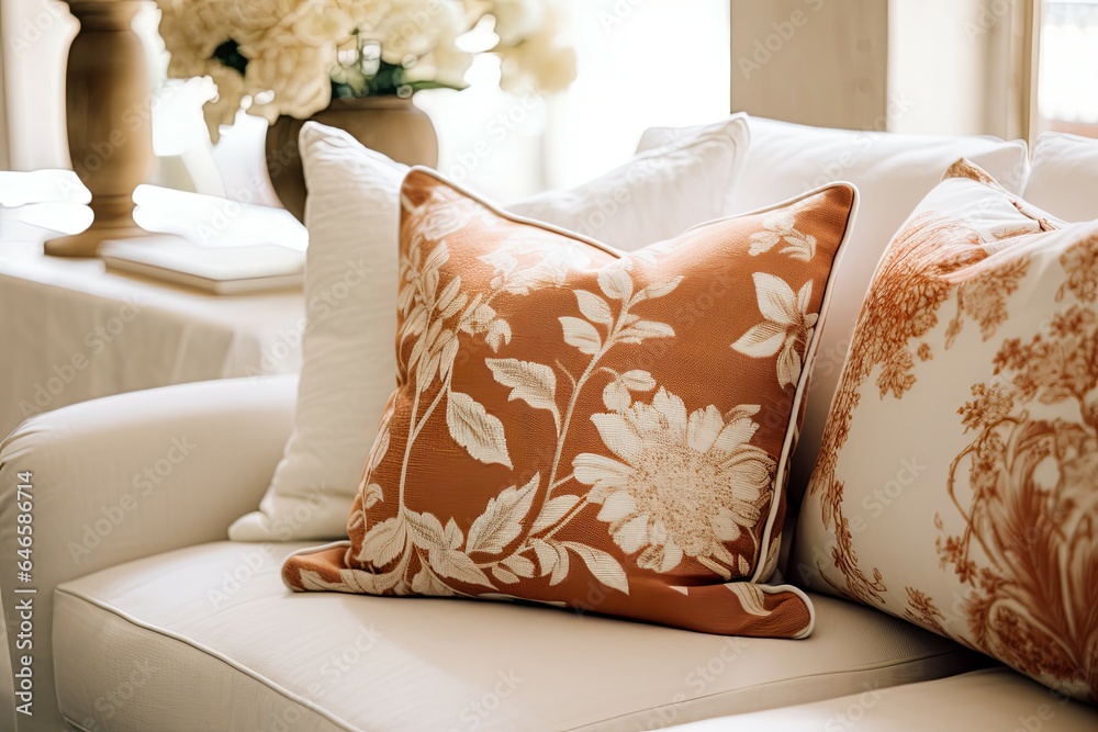 Close up of fabric sofa with white and terra cotta pillows. French country home interior design of modern living room.