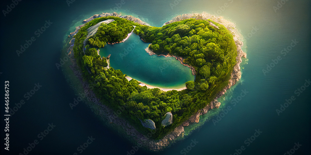 Green marine and isolated heart shaped tropical island viewed from above or from an airplane. Generative AI - obrazy, fototapety, plakaty 
