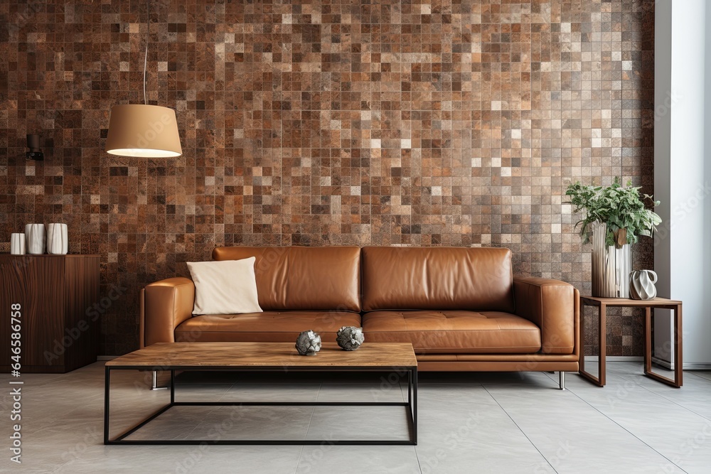 Fototapeta premium Brown leather sofa against tiled mosaic wall. Loft interior design of modern living room.
