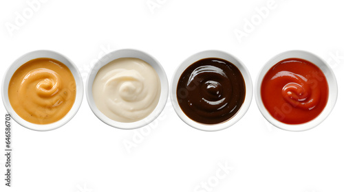 Various sauces in bowls isolated on transparent, png