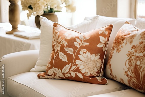 Obraz na płótnie Close up of fabric sofa with white and terra cotta pillows. French country home interior design of modern living room. w salonie