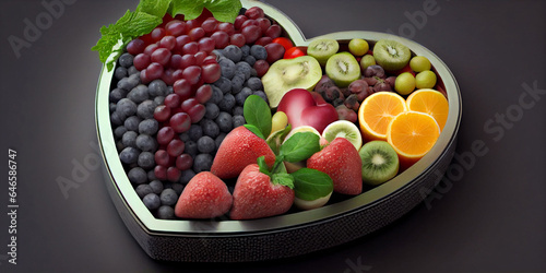 3d heart shape with fresh fruits and vegetables inside  on an isolated background. Generative AI