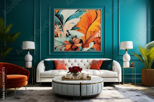 Chic white curved tufted sofa and pouf against teal classic wall panels with vibrant colorful art poster. Art deco style home interior design of modern living room