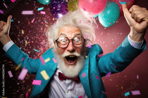 Portrait of a happy senior man having fun during a birthday party. Generative AI