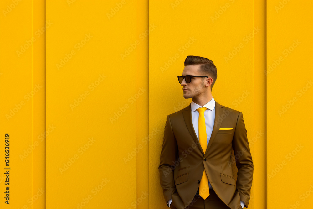 Man wearing suit and glasses leaning against yellow wall. Suitable for business, professional, or office-related concepts Man wearing suit and glasses leaning against yellow wall. Suitable for business, professional, or office-related concepts