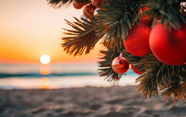 A vibrant beach gathering, celebrating either Christmas or New Year's Eve in the sunshine.