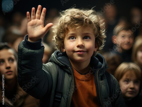 young child in school with hand up ready to ask a question. Generative AI