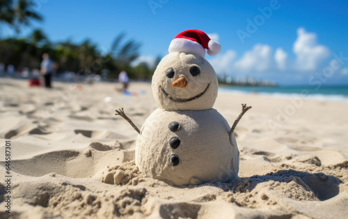 Capture the spirit of the holidays with a snowman on a sun-drenched beach, ideal for New Year cards.