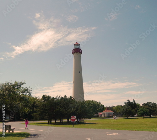 White Towering Cape May Lighthouse, Sky, Clouds in Summer