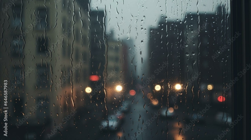 rain on a window in the city - obrazy, fototapety, plakaty 