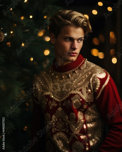 Portrait of a Young Handsome Fictional Male Model Wearing a Festive Christmas Decorated Pullover. Generative AI.