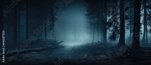 Misty spooky forest background  gloomy trees in scary horror foggy woods Happy Halloween dark night creepy nature mist fantasy atmosphere mystery dramatic landscape fall nightmare scenery. Copy space