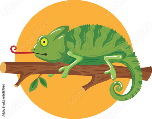 A chameleon is crawling on a tree trunk