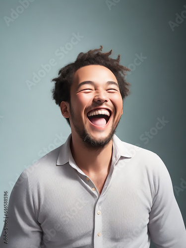 The facial expression of a man laughing happily